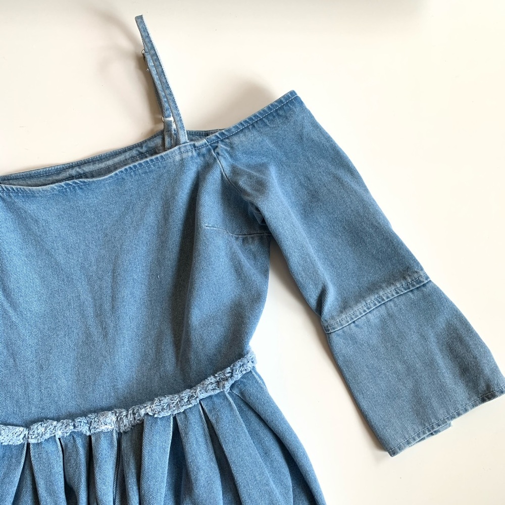 ASOS Dress Denim Off Shoulder Pleated Bell Sleeves - Picture 4 of 7